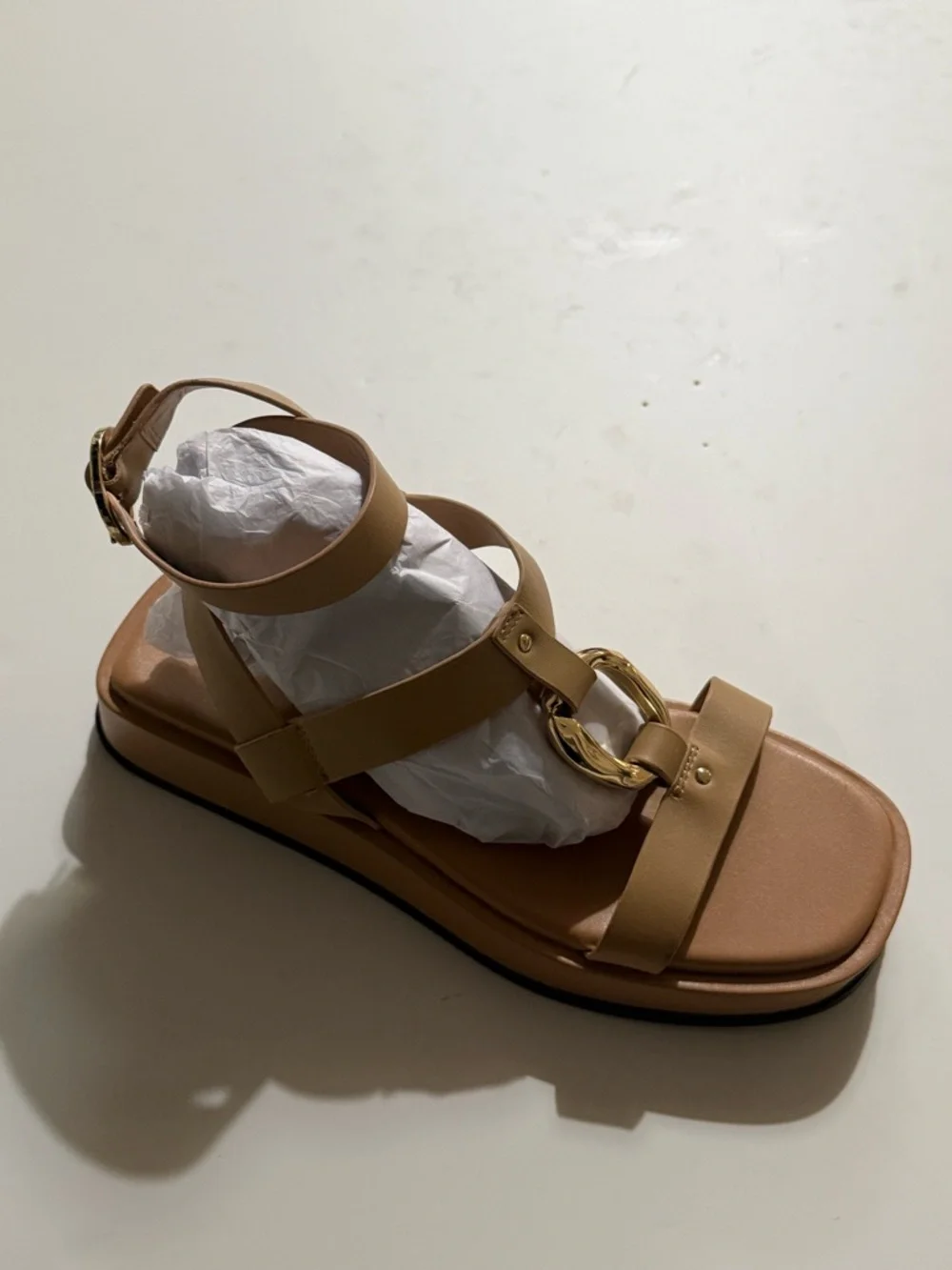 Zara Women's Tan Leather Strap Sandals with Gold Accent - Picture 4 of 6